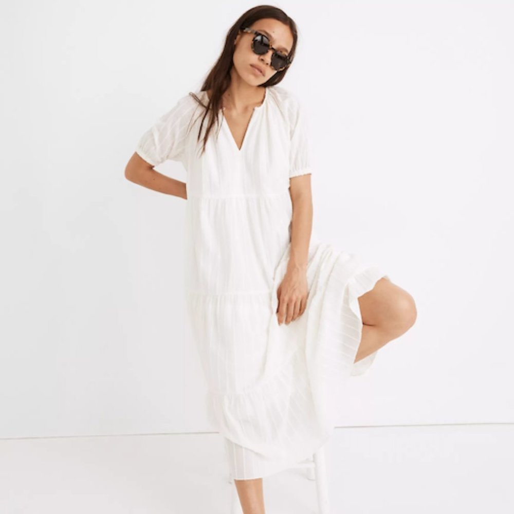 Bubble-Sleeve Tiered Midi Dress in Textural Stripe